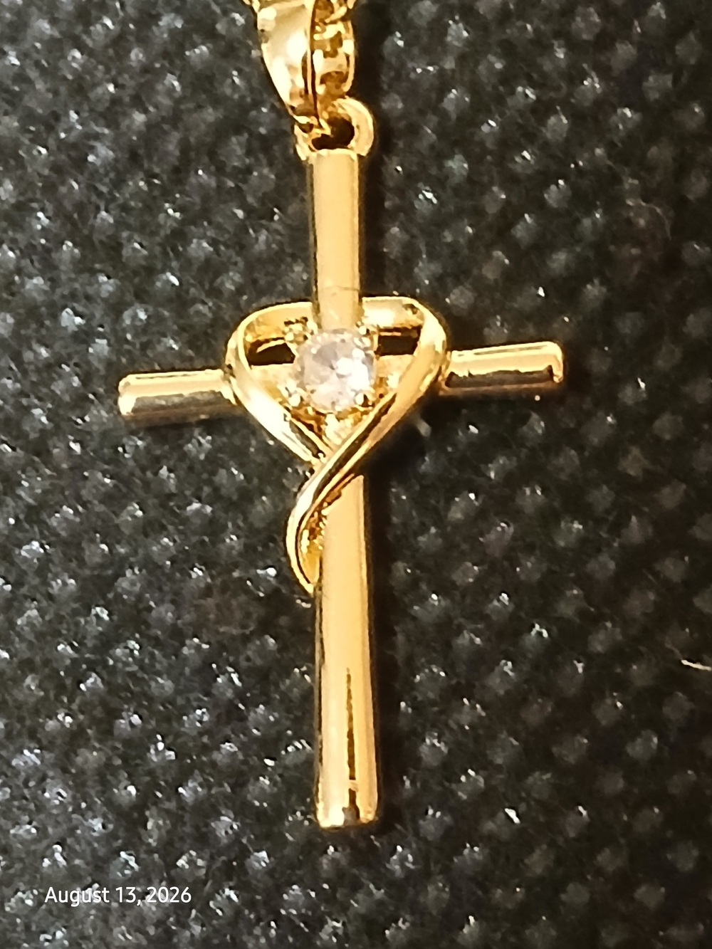 The Trinket Shop -Gold Colored Cross,Heart w/  Cubic Zirconia in the Middle, 18"